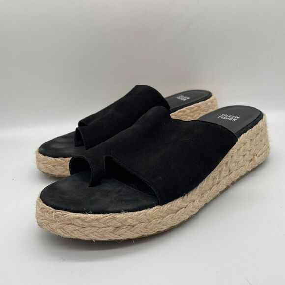 Eileen Fisher Tarry Espadrille Wedge Slide Black Suede Platform Wedge Sandals 11 - Picture 4 of 9